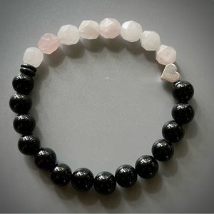 Pink Rose Quartz and Black Onyx Handcrafted Bead Bracelet